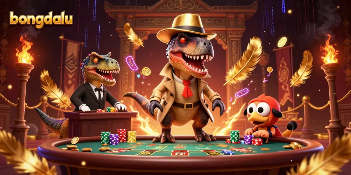 Bongdalu casino scene with a velociraptor card counter and stegosaurus pit boss in a vibrant, action-packed setup.