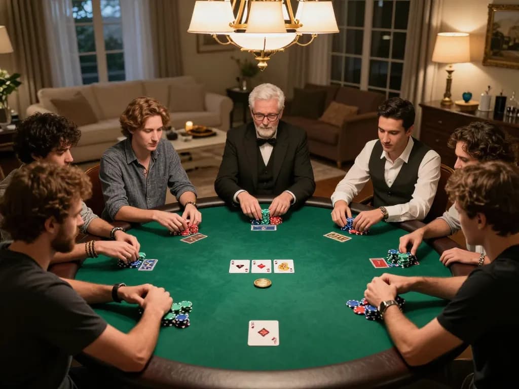 XIBET poker game in a luxurious home setting with players and colorful chips.