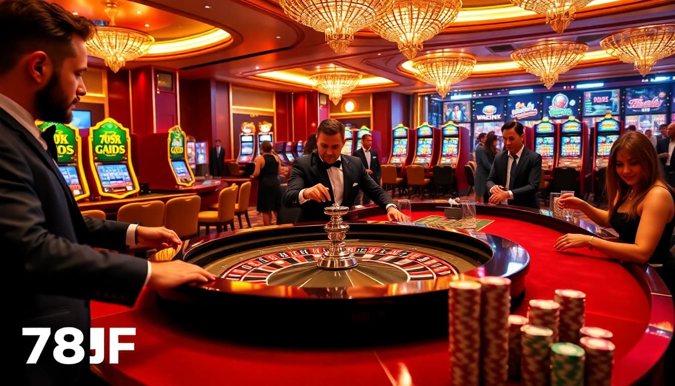 Excited players engaging in high-stakes games at 789F's luxurious casino tables.