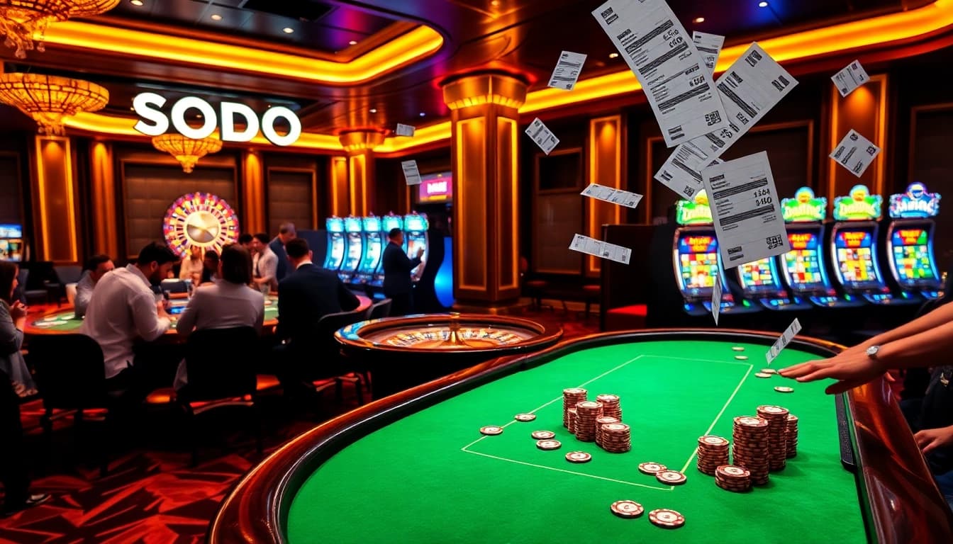 Excited players engaging at SODO Casino's luxurious gaming table with poker chips and a roulette wheel.