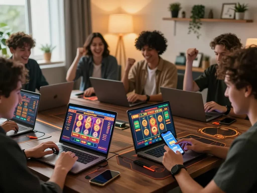 LUCK8 players engaging with online casino games on laptops and smartphones, showcasing exciting gameplay.