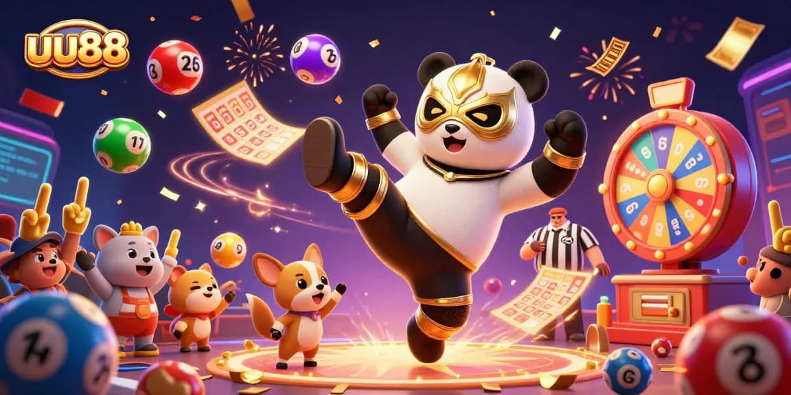 Experience the excitement of uu88 with a dynamic 3D scene showcasing a panda wrestler, lottery elements, and energetic celebration.