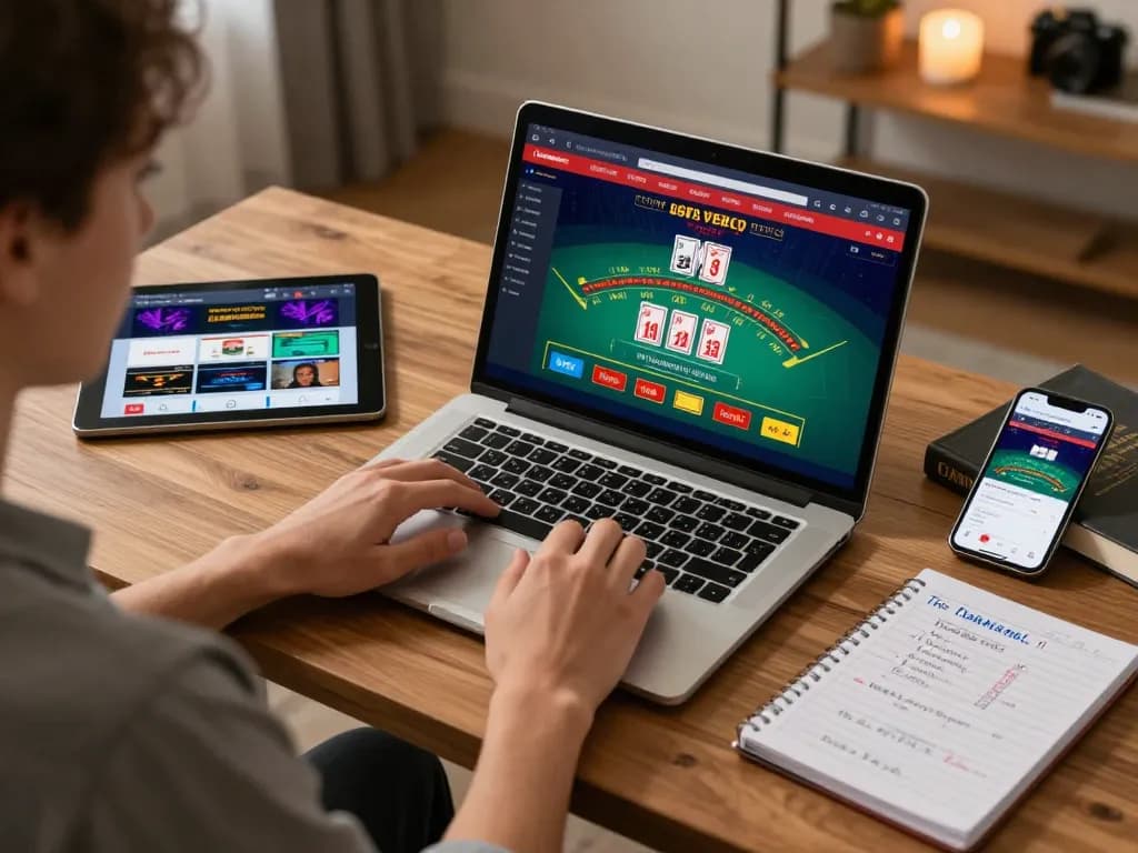 Engaging in online casino gameplay at https://qtr88.com/ from a cozy home office setup with live dealer game on screen.