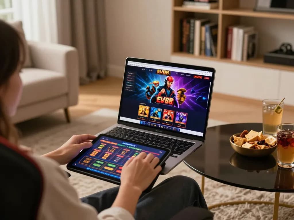 Engaging gameplay on Ev88 online casino displayed on a laptop in a cozy gaming setup.