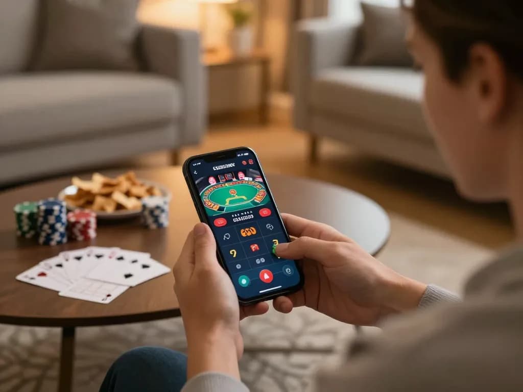 Engaging in online gaming at home with 789win1 app, featuring a poker game setup and cozy atmosphere.