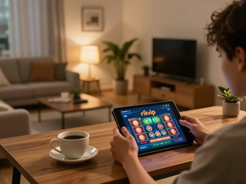 Player enjoying thrilling gaming on rikvip platform in a cozy home setting.