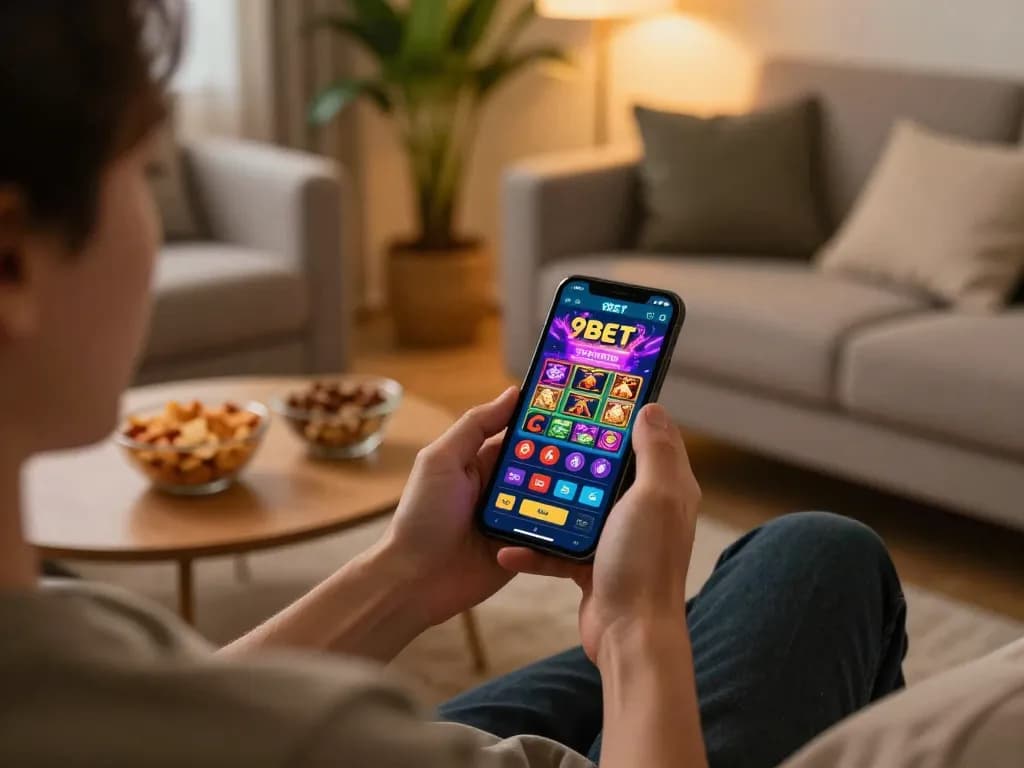 Experience thrilling gameplay with the 9BET casino app on a cozy sofa.