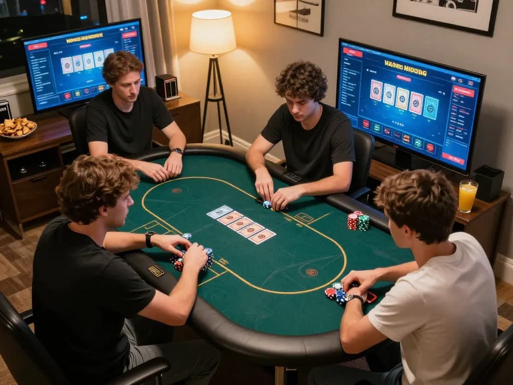 Nohu90 players strategizing in an online poker game, showcasing excitement and intense gameplay.