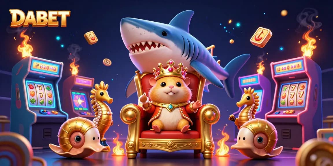 DABET Throne Scene: A fierce golden hamster king on a megalodon tooth throne surrounded by arcade elements.