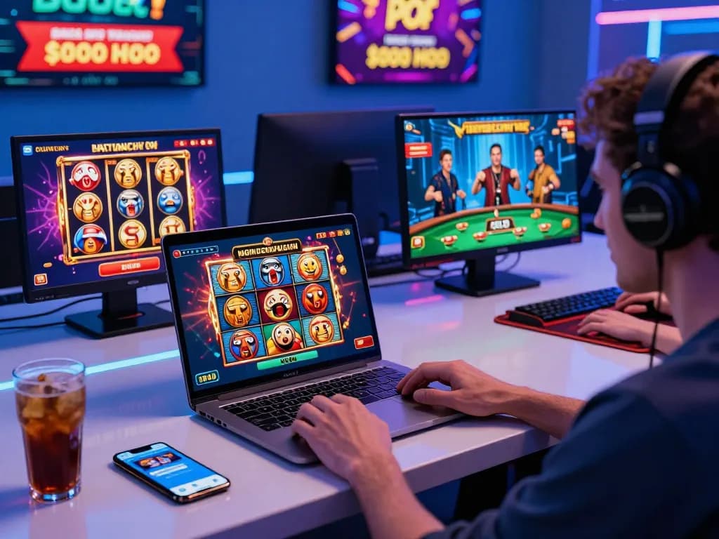 Exciting Onbet online gaming scene featuring a player engaging with live casino games, showcasing vibrant graphics and promotional banners.