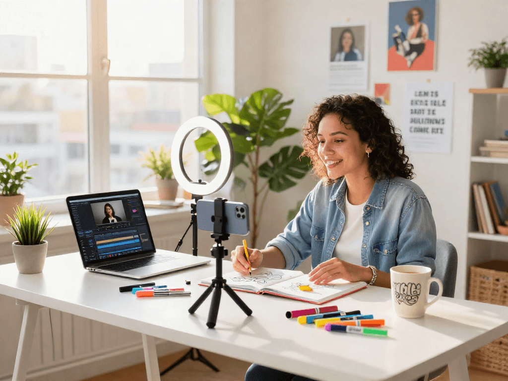 Content creator in stylish workspace recording video for social media, engaging with audience through ia +18 topics.