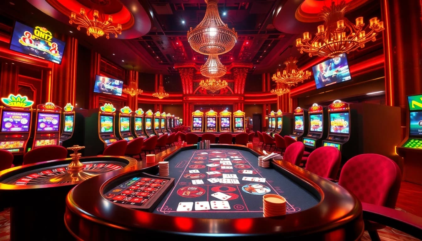A thrilling gaming experience at nhà cái fun79 featuring colorful casino tables and vibrant slot machines.