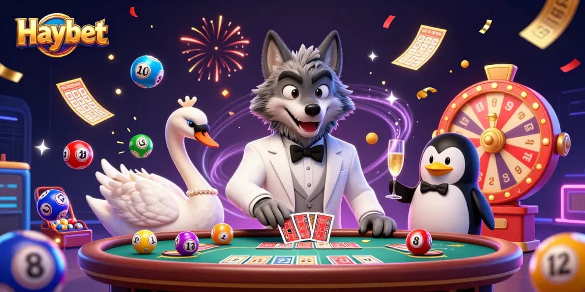 Experience Haybet's exciting gambling scene with a debonair wolf, elegant swan, and sophisticated penguin.