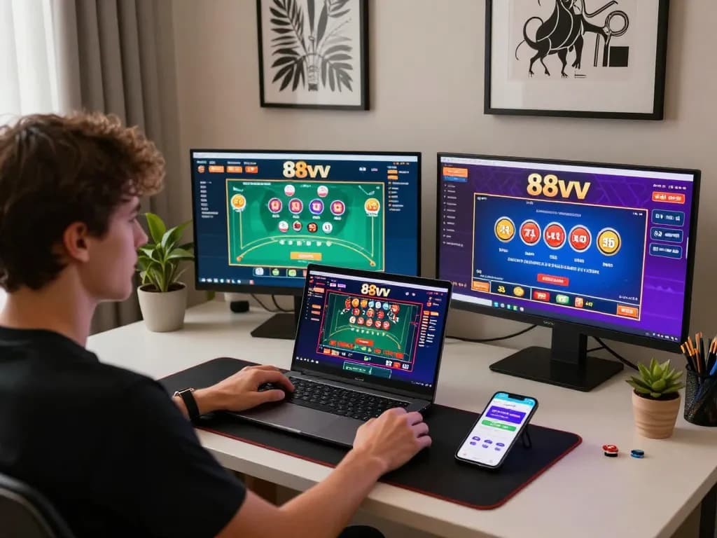 Player engaged in strategy on 88vv casino app on their laptop at home, creating a dynamic online gaming atmosphere.