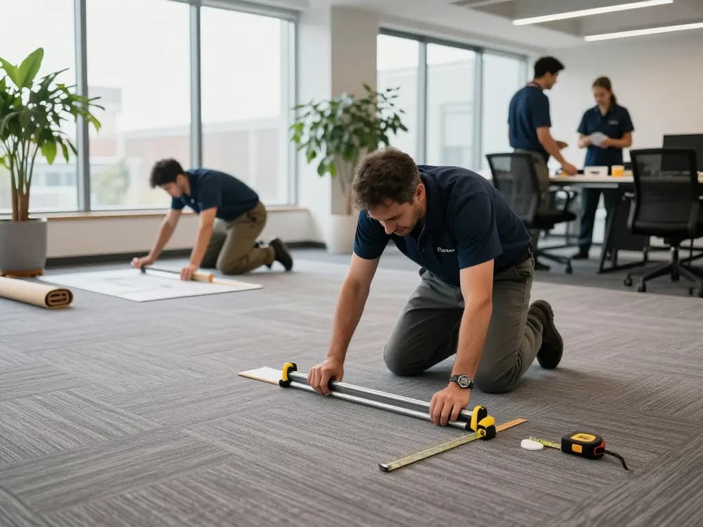 Commercial carpet installation by professionals in a modern office space showcasing teamwork and precision.
