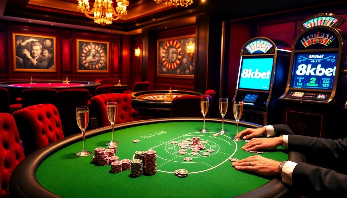 Experience high-stakes poker action at 8kbet's luxurious casino, showcasing chips and excitement.