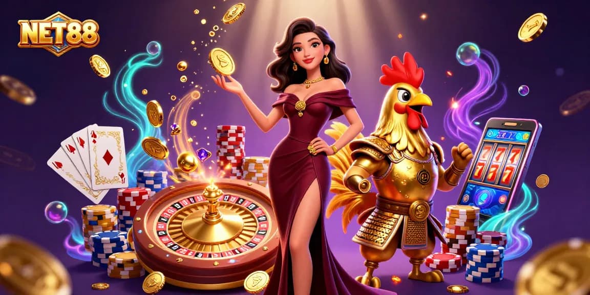 NET88 casino illustration showing a glamorous woman and warrior amidst casino elements.