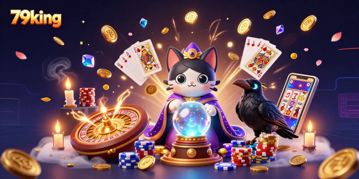 Win big with 79king as the fortune teller cat and glowing raven guide you through a vibrant casino.
