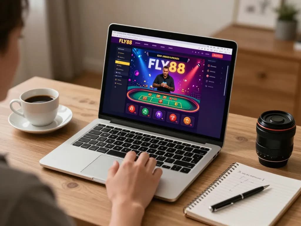 FLY88 user placing a bet online with colorful casino interface on laptop amidst a cozy home setting.
