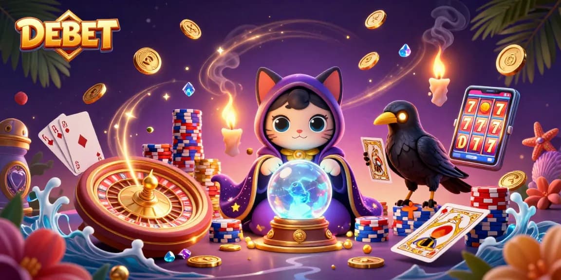 Experience the magic of DEBET with a vibrant casino scene featuring 3D fortune teller and dynamic game elements.