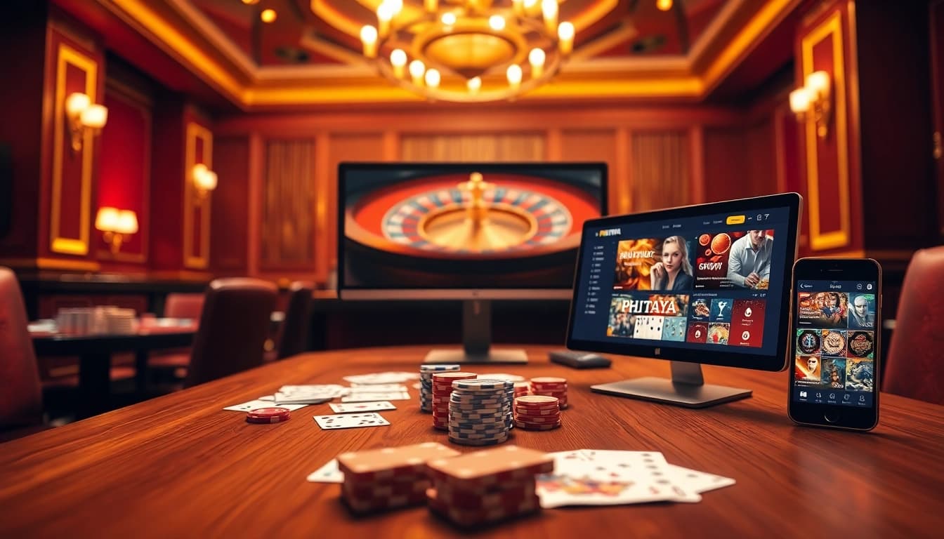 Experience thrilling gameplay with PHTAYA in a luxurious casino environment complete with poker and roulette.