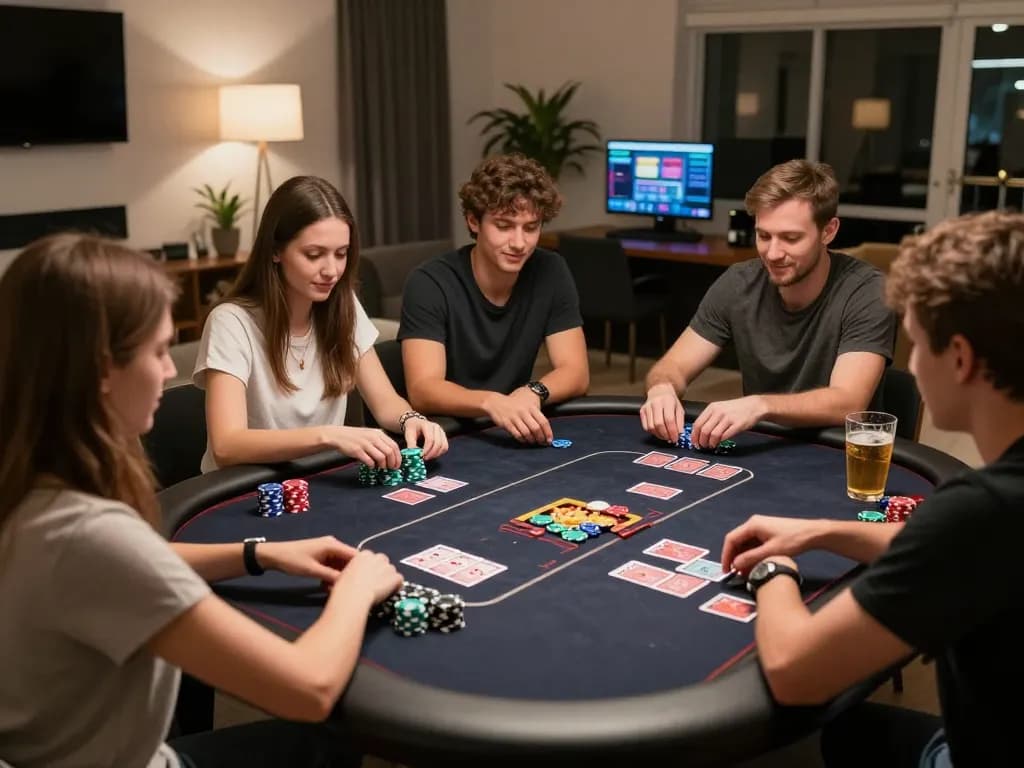 Friends engaging in a lively poker game at home, showcasing 78wingo gaming strategies and social interaction