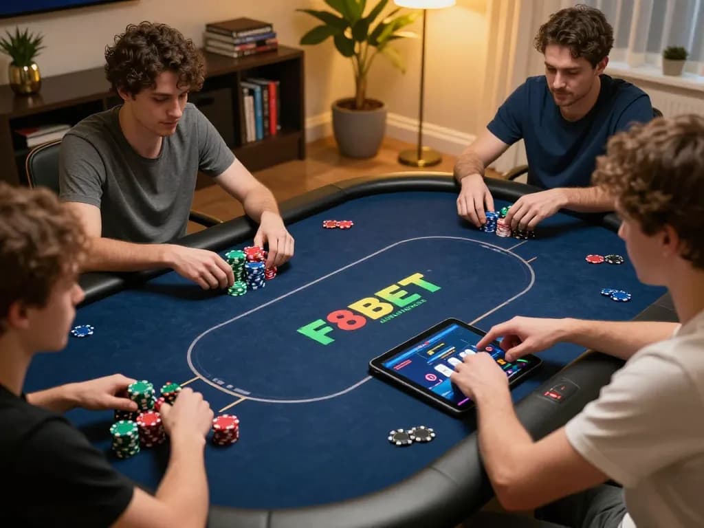 Engagement in strategic online poker with F8BET on vibrant tablet, cozy home setting.