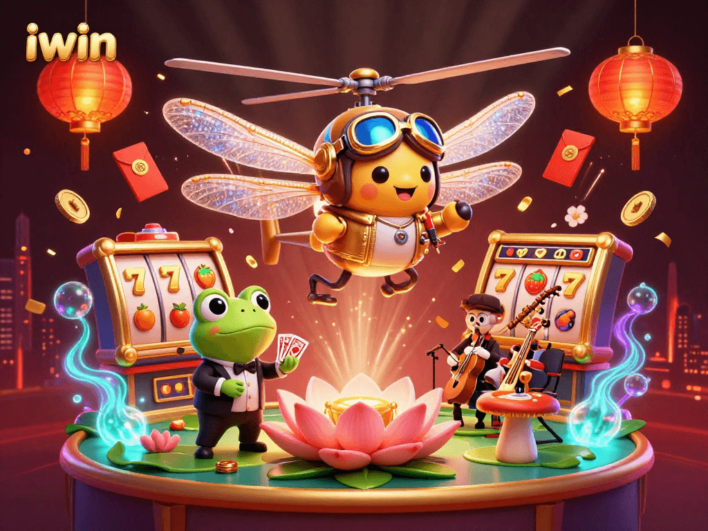 Engage with iwin's vibrant casino scene featuring thrilling slot games and animated characters.