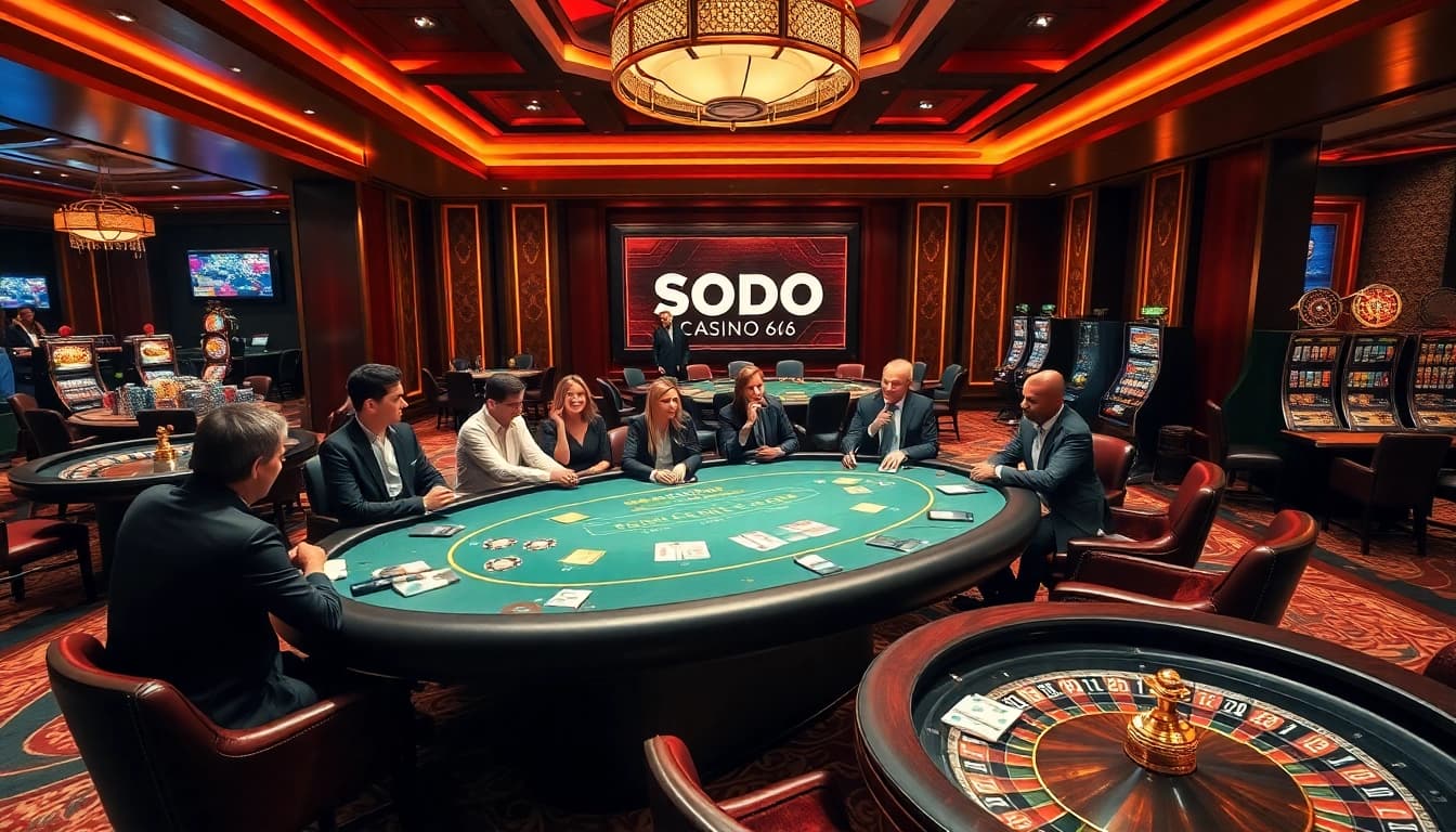 SODO CASINO 66 players enjoying a lively poker game in a luxurious casino setting.