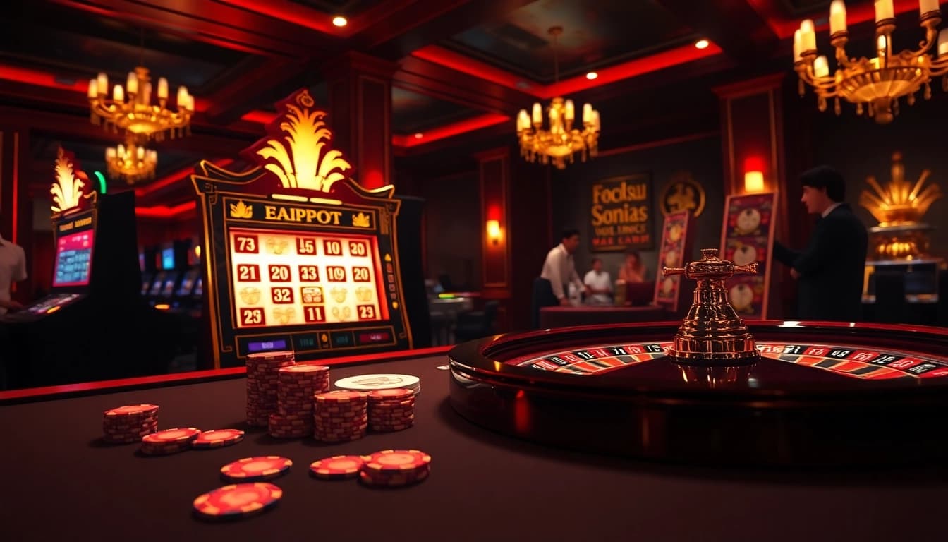Nohu online casino gaming scene with vibrant slot machine, poker chips, and roulette wheel.