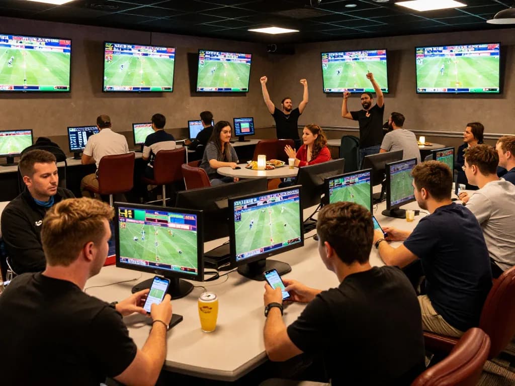 Enthusiastic bettors engaged in live sports betting at tylekeonhacai88's vibrant lounge atmosphere.