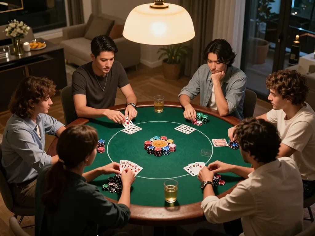 Players engaging in a strategic onbet poker game during a friendly home night.