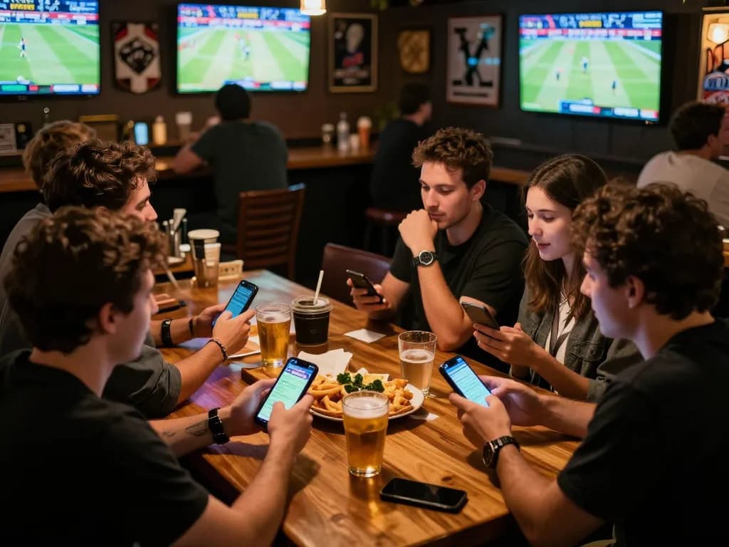 Friends engaging in sports betting excitement with XX88 app during a live game in a lively bar.