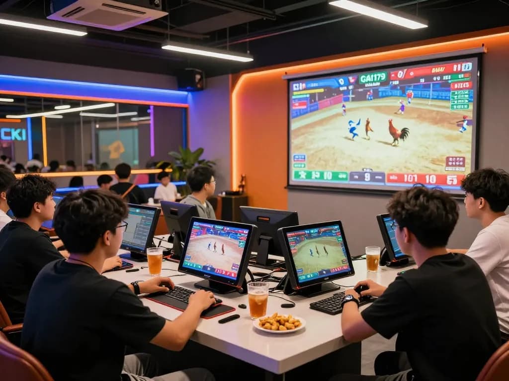 Live online betting experience at GA179 with players engaged in rooster fighting matches and vibrant atmosphere.