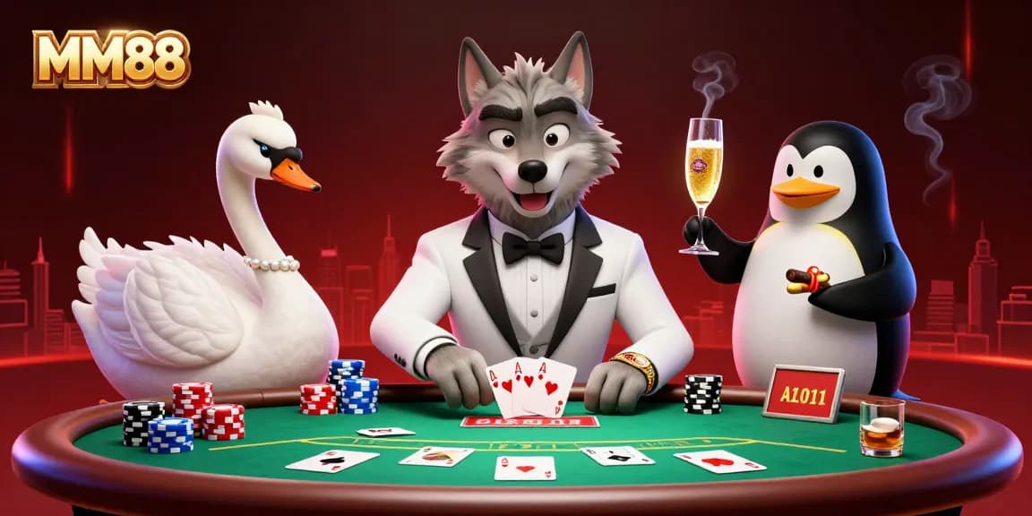 Experience thrilling baccarat action at MM88 with a debonair wolf, elegant swan, and a penguin sommelier.