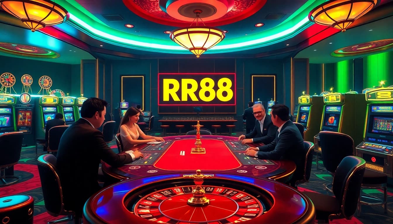 Experience the thrilling game atmosphere at RR88 with players engaging at roulette and poker tables.
