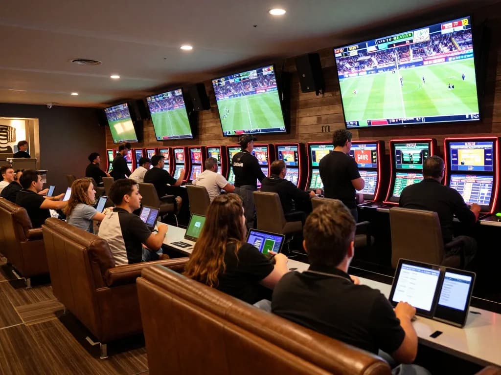 N188 patrons eagerly placing bets on live sports in a modern betting lounge.
