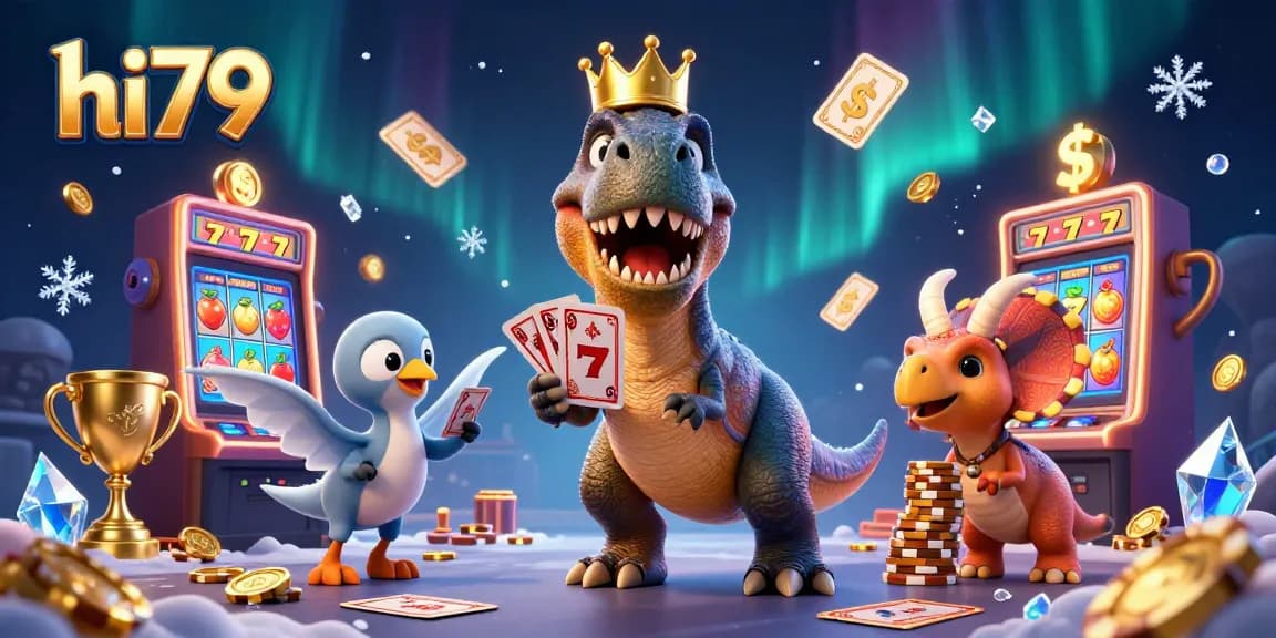 Shuffle cards with the hi79 T-Rex instance, stacking chips with vibrant casino elements around.