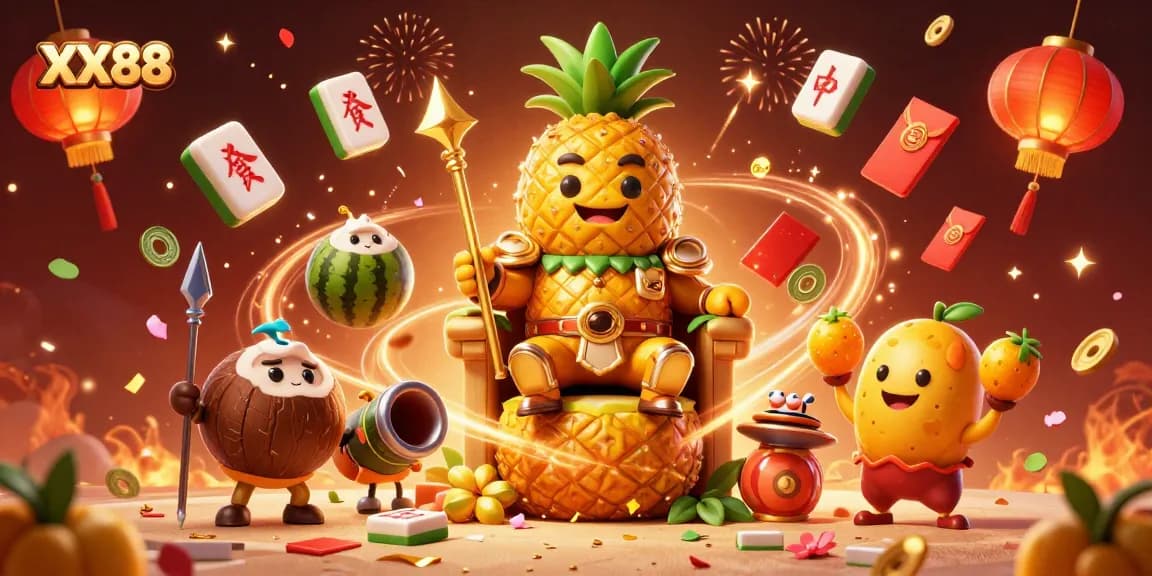 Experience winning thrills at XX88's vibrant casino with dynamic characters and festive decorations.