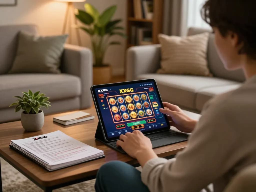 Engaged player using the XXGG app for online slots in a cozy home setting with strategic notes.