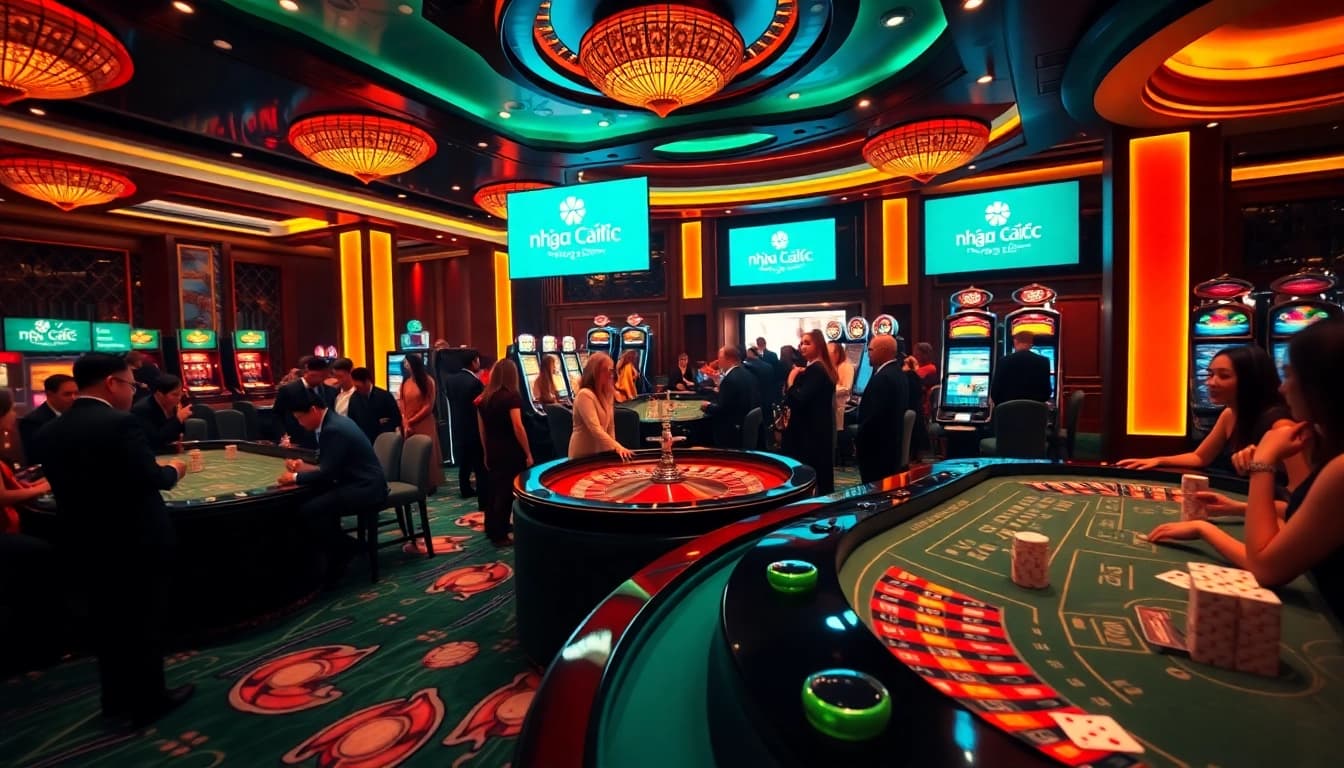 nhà cái kjc players enjoying a thrilling casino experience with vibrant gaming tables and roulette wheel