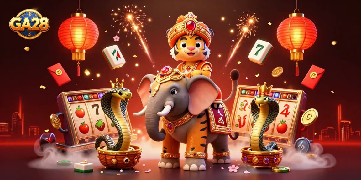 Engage in gambling at GA28 with a vibrant 3D casino scene featuring a majestic Indian maharaja, elephant, and lucky symbols.