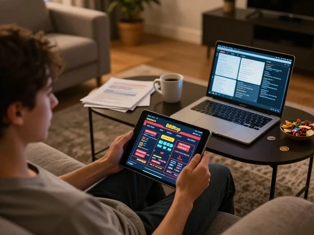 Enjoying an online gaming session on 888top with tablet interface and strategic notes