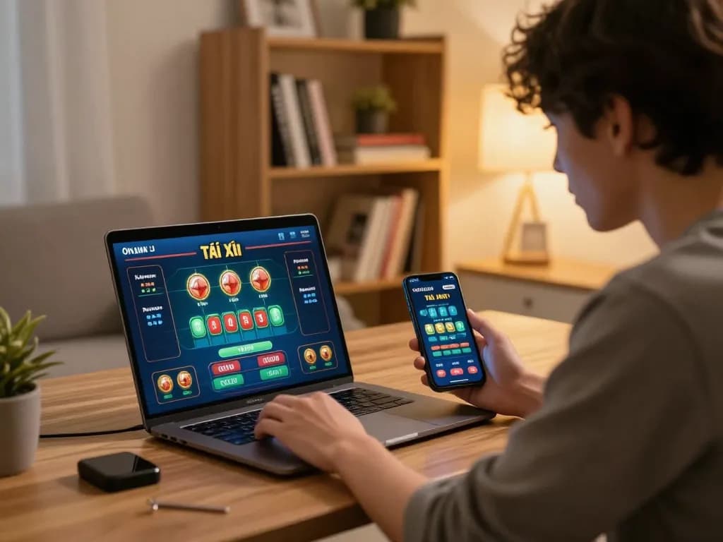 Engaging in tài xỉu online uy tín on a laptop in a cozy home gaming setup.