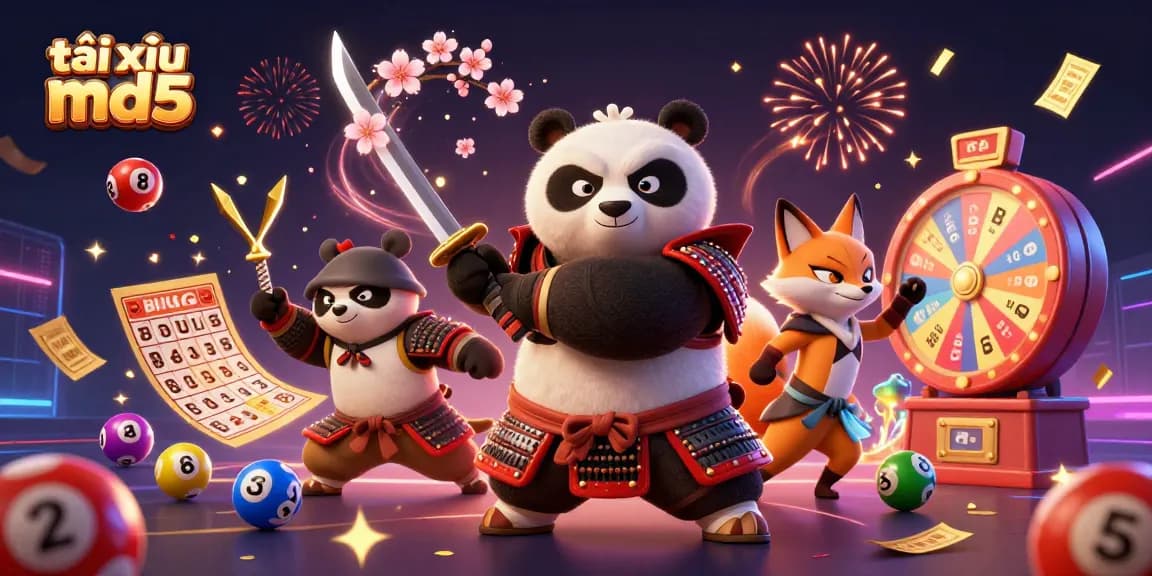 Experience the excitement of tài xỉu md5 with dynamic characters in a vibrant casino-themed illustration.