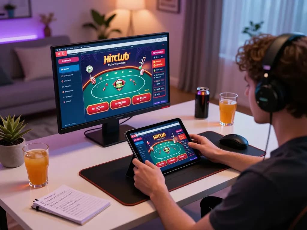 Engaging gameplay at Hitclub online casino on a tablet with stylish home decor and gaming notes.