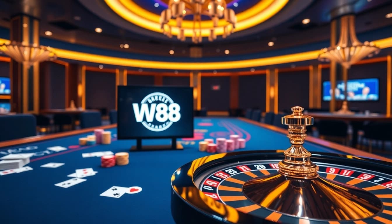 Engaging WW88 casino scene with roulette, cards, and vibrant poker chips.