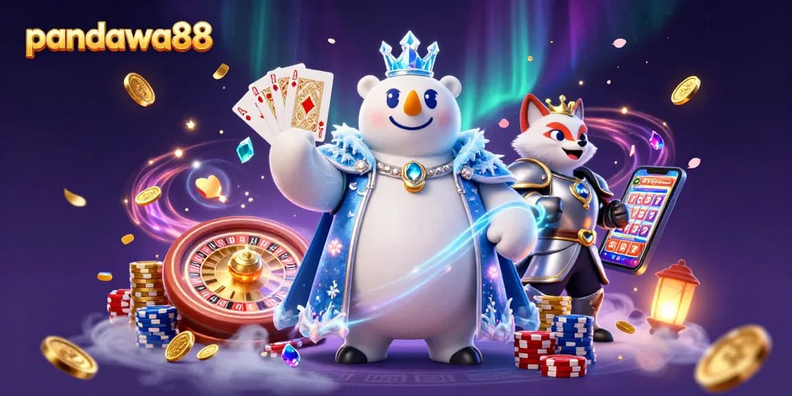 Pandawa88 showcases an engaging gaming scene with a polar bear king and snow fox amid dazzling casino elements.