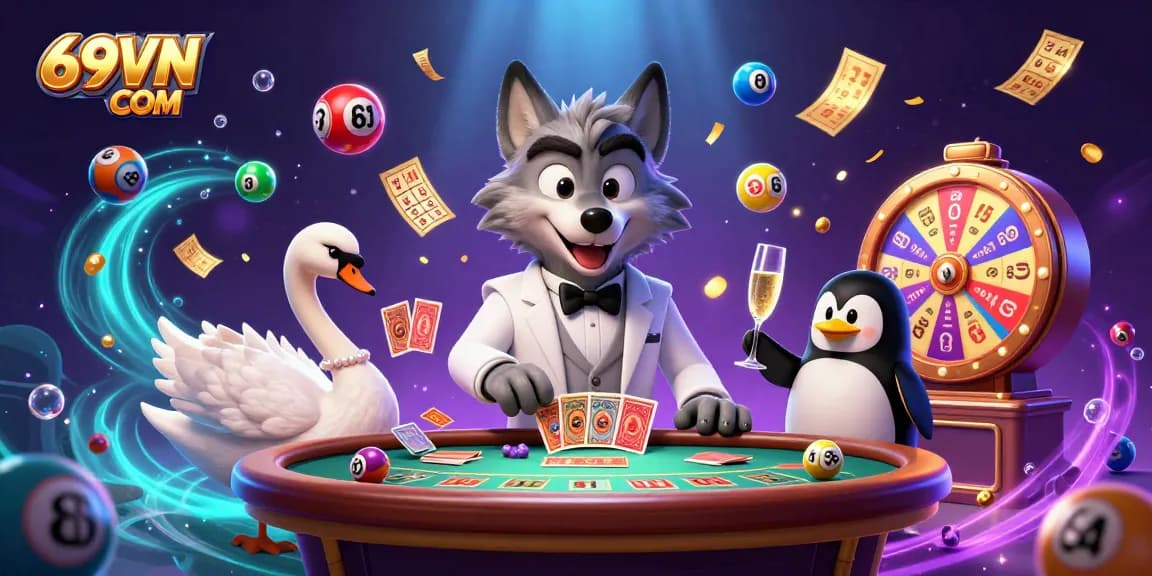 Experience thrilling casino action with engaging scenes of 69VN COM featuring vibrant lottery elements and iconic casino characters.
