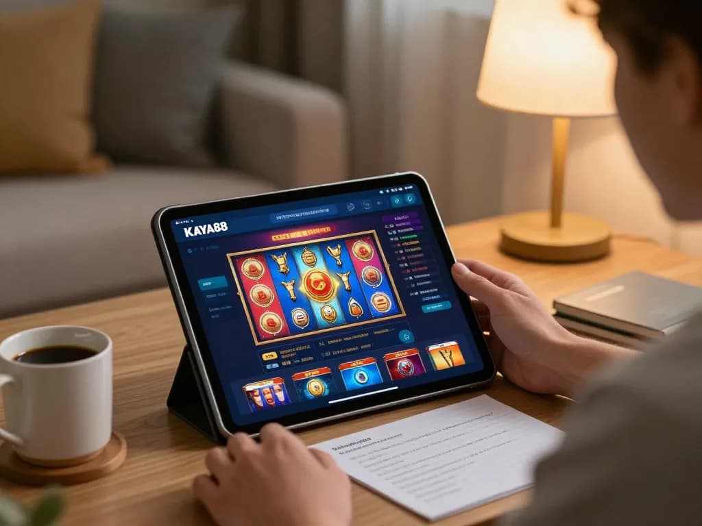 KAYA88 mobile gaming experience with vibrant slot game interface on sleek tablet promoting responsible entertainment.